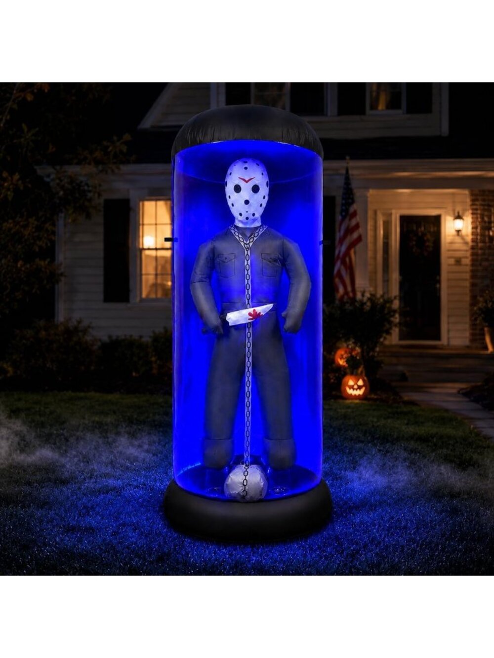 🎃7.6FT Halloween Caged Masked Killer Blow Up Yard Decor with Blue LED Lights